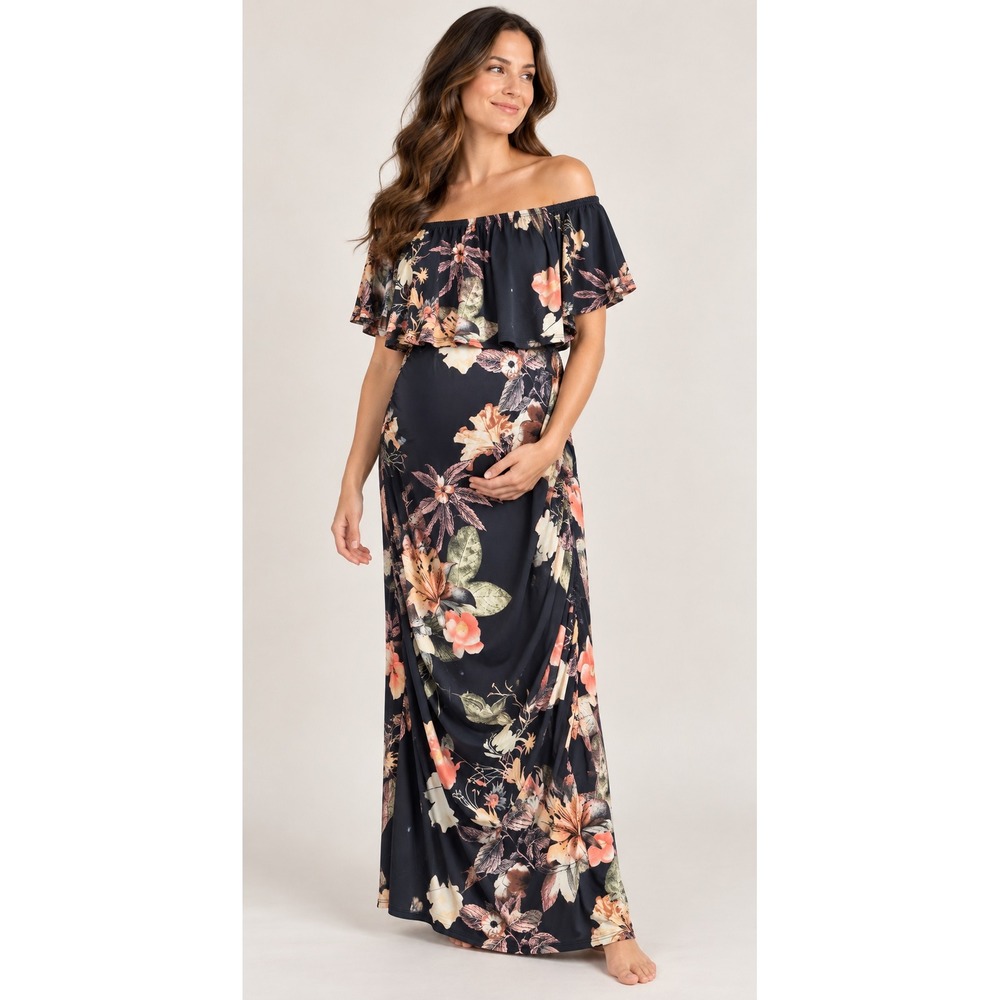 MyBump Maternity Floral Off The Shoulder Ruffle Maxi Dress Navy Blue Medium